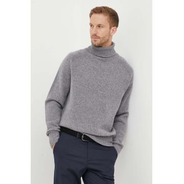 BOSS pulover de lana barbati, culoarea gri, cu guler