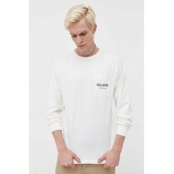 Hollister Co. longsleeve din bumbac culoarea bej, cu imprimeu