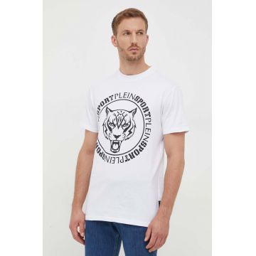 PLEIN SPORT tricou din bumbac culoarea alb, cu imprimeu
