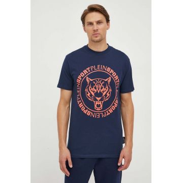 PLEIN SPORT tricou din bumbac culoarea albastru marin, cu imprimeu