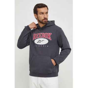 Reebok Classic bluza barbati, culoarea gri, cu glugă, cu imprimeu