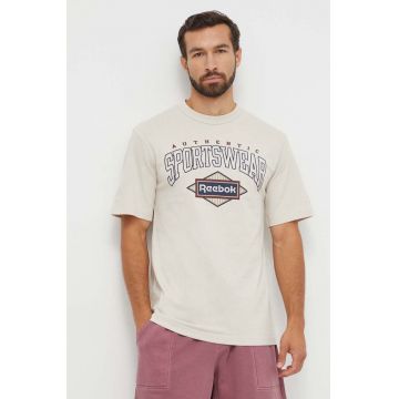 Reebok Classic tricou din bumbac culoarea bej, cu imprimeu