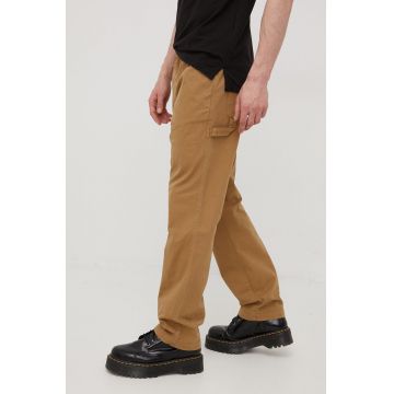 Superdry pantaloni de bumbac barbati, culoarea maro, drept