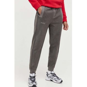 HUGO pantaloni de trening din bumbac culoarea gri, neted