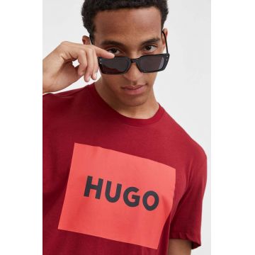 HUGO tricou din bumbac culoarea bordo, cu imprimeu