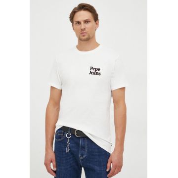 Pepe Jeans tricou din bumbac culoarea bej, cu imprimeu