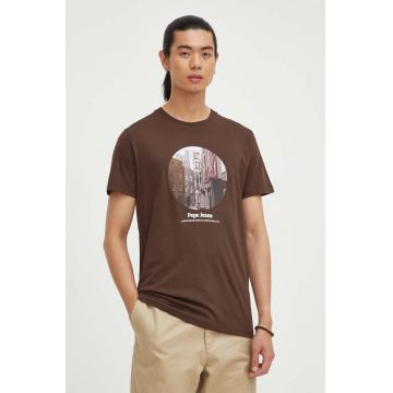 Pepe Jeans tricou din bumbac culoarea maro, cu imprimeu