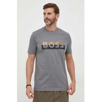 BOSS tricou din bumbac culoarea gri, cu imprimeu