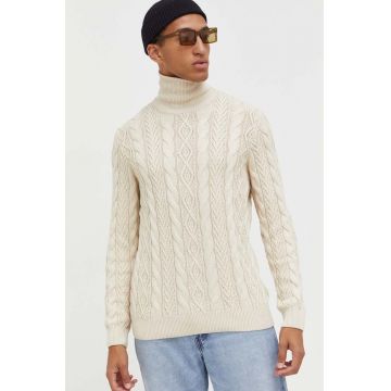 Solid pulover de bumbac culoarea bej, cu guler