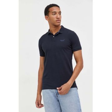 Superdry polo de bumbac culoarea albastru marin, neted