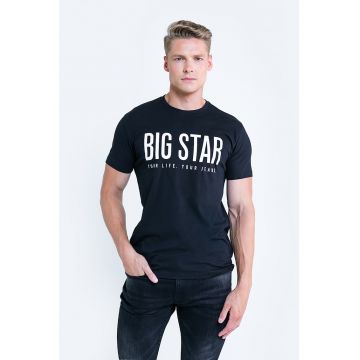 Tricou de bumbac organic cu decolteu la baza gatului si imprimeu logo supradiensionat Cieszbor