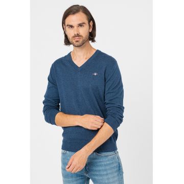 Pulover cu decolteu in V Classic - Albastru melange