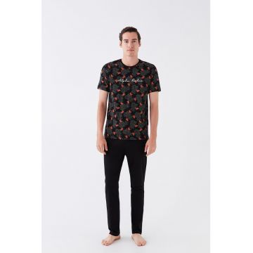 Pijama de bumbac cu imprimeu tropical