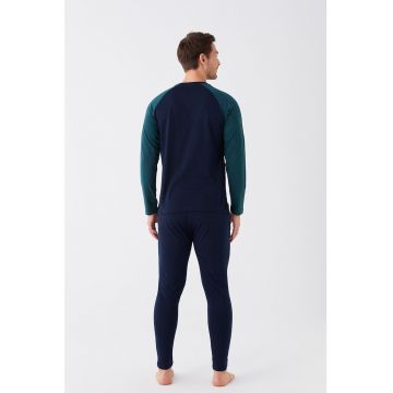Pijama lunga de bumbac cu maneci contrastante