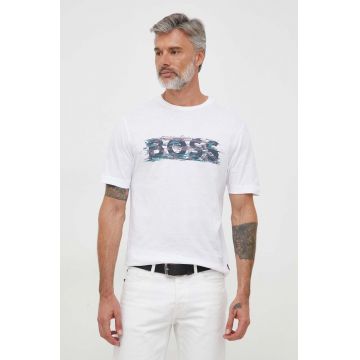 Boss Orange tricou din bumbac BOSS ORANGE culoarea alb, cu imprimeu