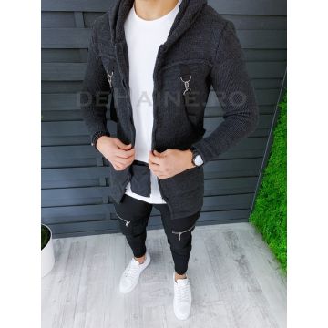 Cardigan barbati gri inchis cu gluga slim fit ZR T3615 81-2