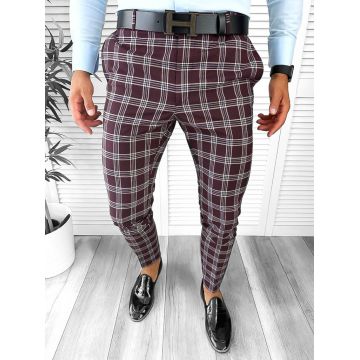 Pantaloni barbati eleganti grena  in carouri B1626  F7-5