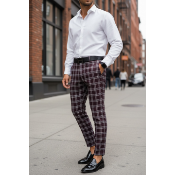 Pantaloni barbati eleganti grena  in carouri B1626  F7-5