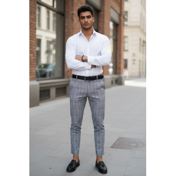 Pantaloni barbati eleganti regular fit gri in carouri  B1561 B-7