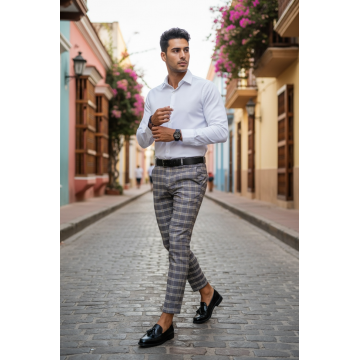 Pantaloni barbati eleganti regular fit in carouri B1553 Z4-2