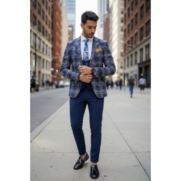 Sacou barbati in carouri slim fit bleumarin  B5303 13-1