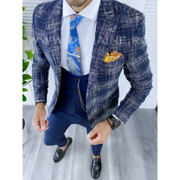Sacou barbati in carouri slim fit bleumarin  B5303 16-1.2