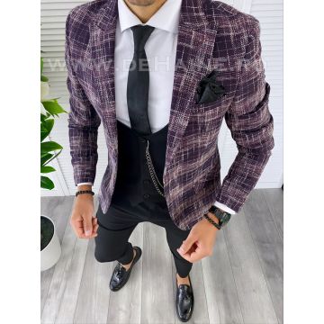 Sacou barbati in carouri slim fit grena B4980 111-2