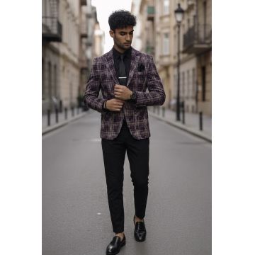 Sacou barbati in carouri slim fit grena B4980 Z4-5