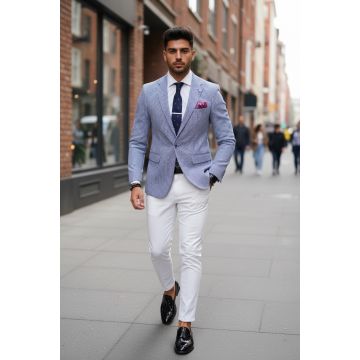 Sacou barbati slim fit cu imprimeu albastru B4235 9-4