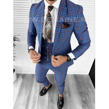 Costum barbati slim fit albastru in carouri B7918 O2-2.1