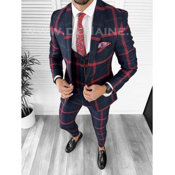 Costum barbati slim fit bleumarin in carouri B7921 92-4 E 78-5 ~ * Y18-3