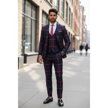 Costum barbati slim fit bleumarin in carouri B7921 92-4