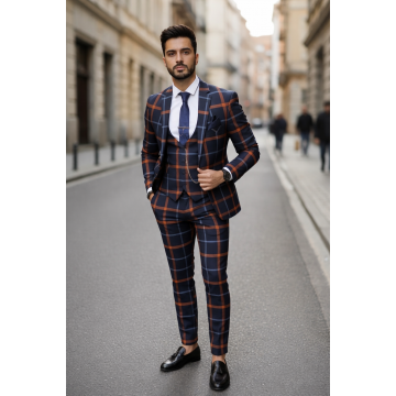 Costum barbati slim fit bleumarin in carouri B7956 92-5