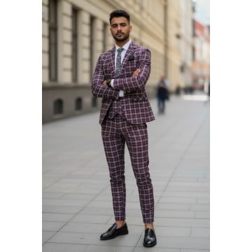 Costum barbati slim fit grena in carouri B7916 10-4