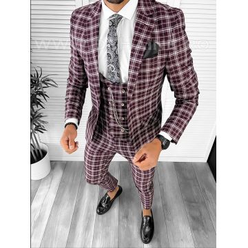 Costum barbati slim fit grena in carouri B7916  6-5