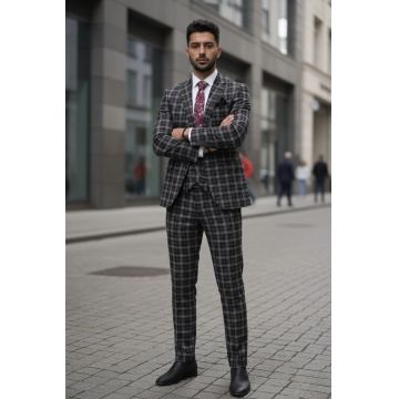 Costum barbati slim fit negru in carouri B7916 124