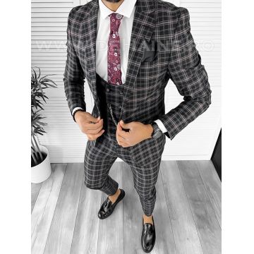 Costum barbati slim fit negru in carouri B7916 Y22
