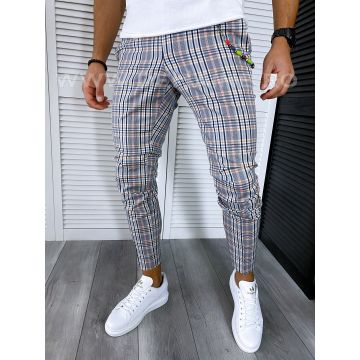 Pantaloni barbati casual regular fir gri in carouri B4960   S2