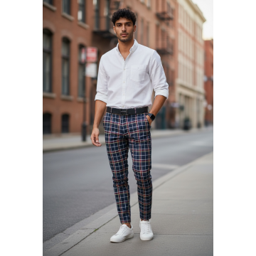 Pantaloni barbati casual regular fit bleumarin in carouri B1545 B15-2 U2