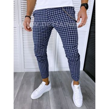 Pantaloni barbati casual regular fit bleumarin in carouri B1589 F7-5