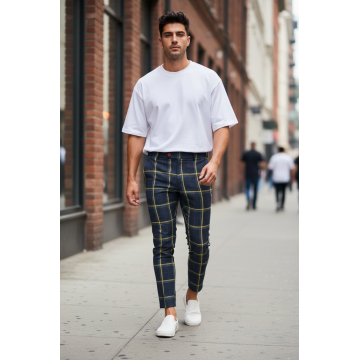 Pantaloni barbati casual regular fit bleumarin in carouri B7841  i18-4.3