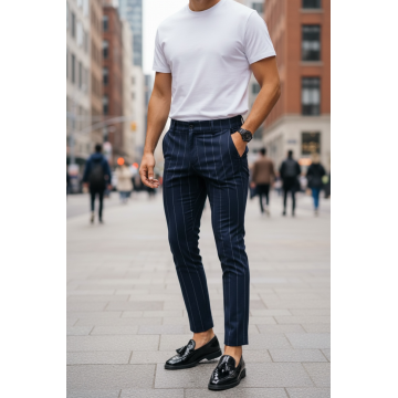 Pantaloni barbati casual regular fit bleumarin in dungi B5777 99-2