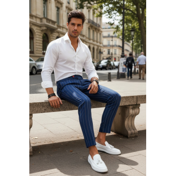 Pantaloni barbati casual regular fit bleumarin in dungi B7871    S3-1