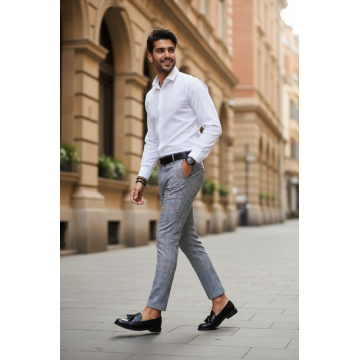 Pantaloni barbati casual regular fit gri in carouri B1561 B-7