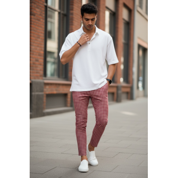 Pantaloni barbati casual regular fit rosii in carouri B1855 U3