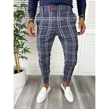 Pantaloni barbati eleganti regular fit bleumarin in carouri B9224 I12-2.3
