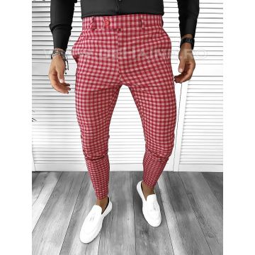 Pantaloni barbati eleganti rosii in carouri B1855 U3