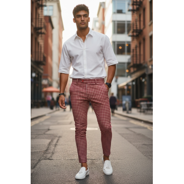 Pantaloni barbati eleganti rosii in carouri B1855 U3