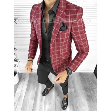 Sacou barbati slim fit grena in carouri B8332 29-4.1 E 46-1.2 ~