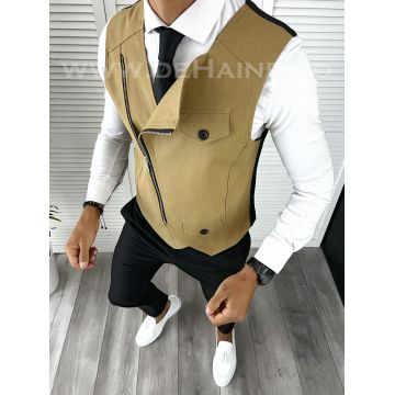 Vesta barbati eleganta slim fit maro deschis O1-4.2